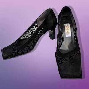 Vintage 90s Square Toe Heels Size 6.5 EUR 37 Black Suede Claudio Fracassa Italy